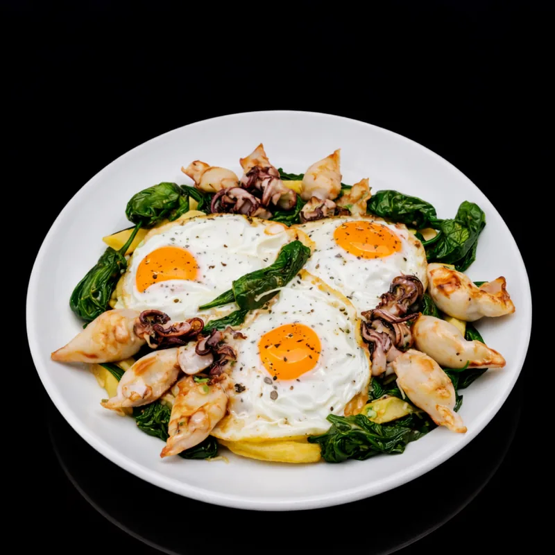 Huevos estrellados con chipirones · Especialidades Punto · Punto Estrella 24h