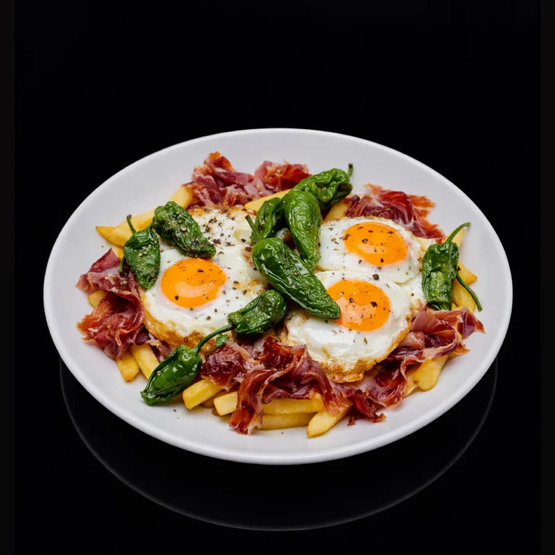 Con jamón ibérico · Huevos estrellados · Punto Estrella 24h